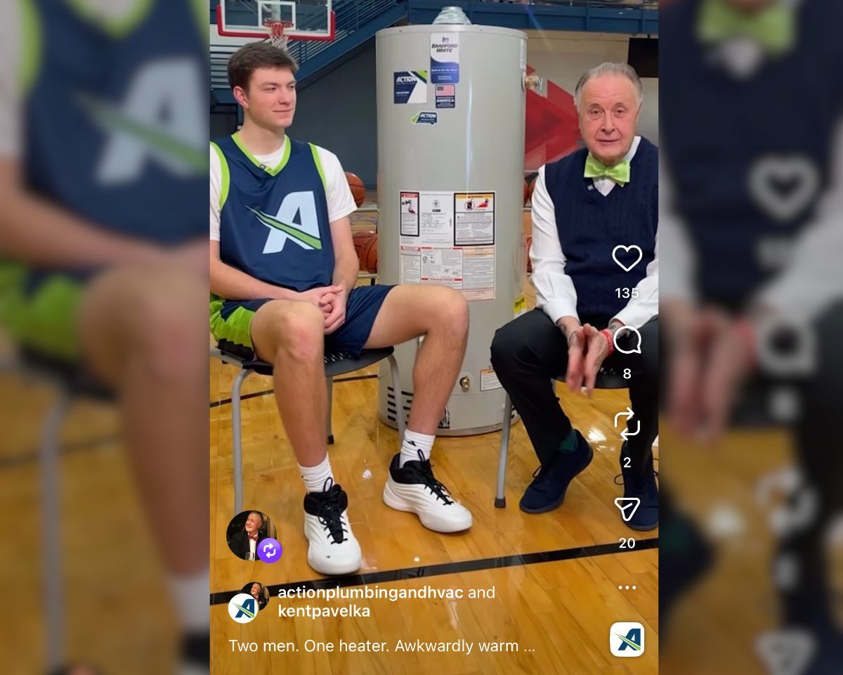 Pryce Sandfort seated beside a water heater in a real NIL ad